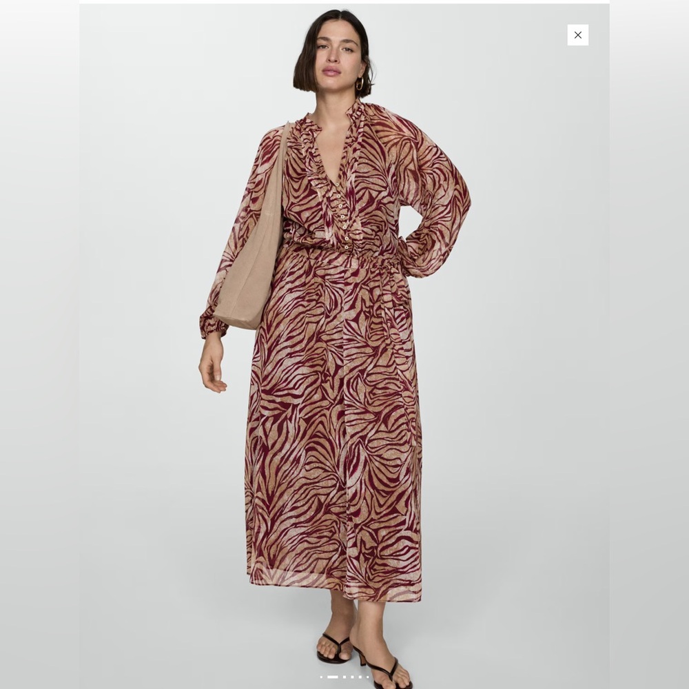 MNG NWT Zebra Animal Printed Midi Dress with Belt Burgundy Tan Size XL (14)